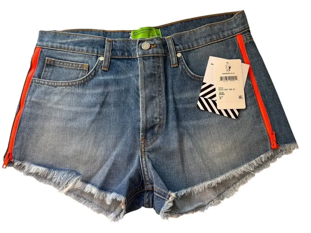 SANDRINE FREE PEOPLE Women's Blue Denim Neon Orange Zip Cut Off Shorts Size 31